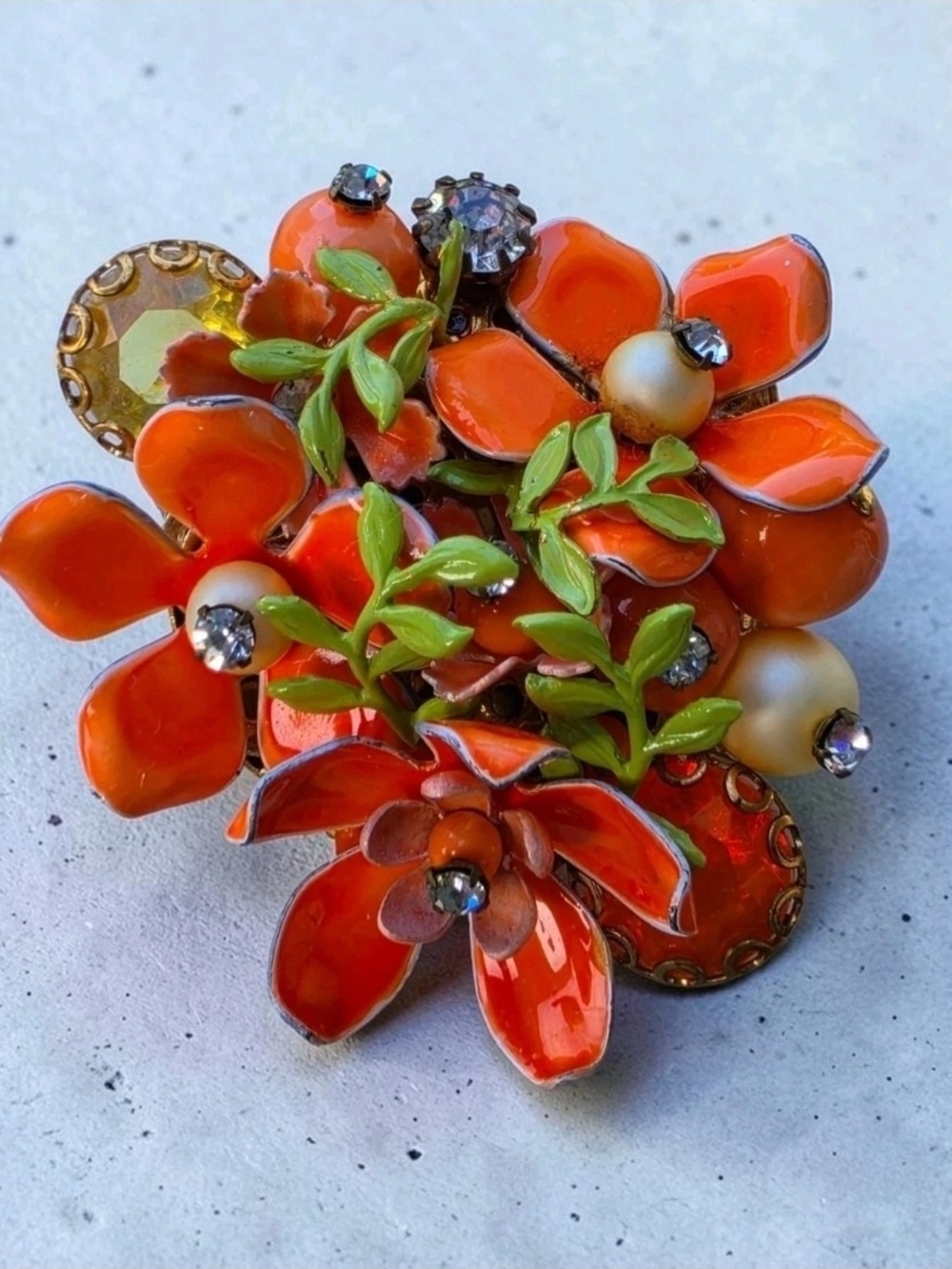 Vintage Orange Enamel Flower Brooch Rhinestone Faux Pearl Floral Cluster